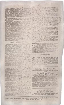 Back page of a reproduction (ca. 1880) of newspaper, THE HALIFAX GAZETTE, No. 1, March 23, 1752 (pages 1 and 2)