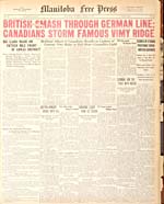 British Smash through German Line: Canadians Storm Famous Vimy Ridge. April 10, 1917, Manitoba Free Press, Winnipeg, Man.