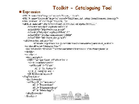 Illustration of toolkit component Cataloguing Tool with an example showing an expression of metadata