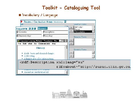 Illustration of toolkit component Cataloguing Tool showing various screen captures and metadata examples with caption Vocabulary / Language