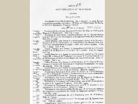 Page tirée d'une transcription d'un document d'archives portant le titre de départ Série IV : Officiers civils et militaires : colonies : vol. 1, 1711-1777