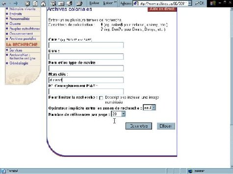 Illustration d'un écran de recherche des archives coloniales dans la base de données ArchiviaNet