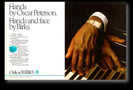 Advertisement: Watches from Birks, featuring Oscar Peterson's hands