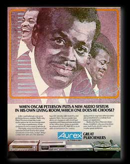 Advertisement: Aurex audio systems, featuring Oscar Peterson