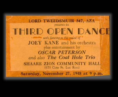 Advertisement: Lord Tweedsmuir 547, AZA dance, 1948, with entertainment by Oscar Peterson