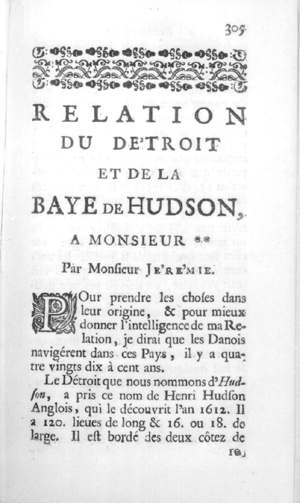 Page d'un livre: Relation du Detroit et de la Baye de Hudson.