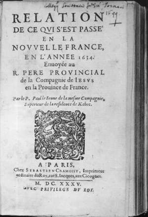 Page d'un livre: Relation de ce qui s'est passé en la Nouvelle France, en l'année 1634.