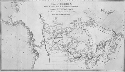Carte géographique de l'Amérique du Nord exposant la route suivie par Mackenzie