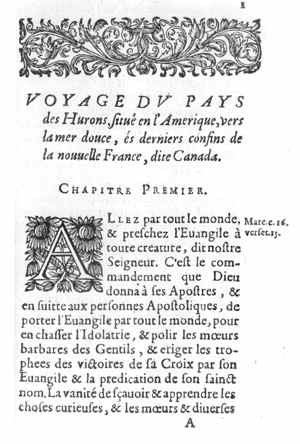 Title page: Voyage du Pays des Hurons, situé en l'Amérique.