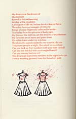 Poem, MY DREAMS ARE THE DRESSES OF MURDERESSES, and wood engraving from book, A TEACUP IN A FIELD