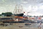 Painting of LAUNCH OF THE FOREST FROM THE CHURCHILL SHIPYARD, HANTSPORT, NS. ca. 1873, unsigned. Nova Scotia Archives and Records Management/Image 200400566